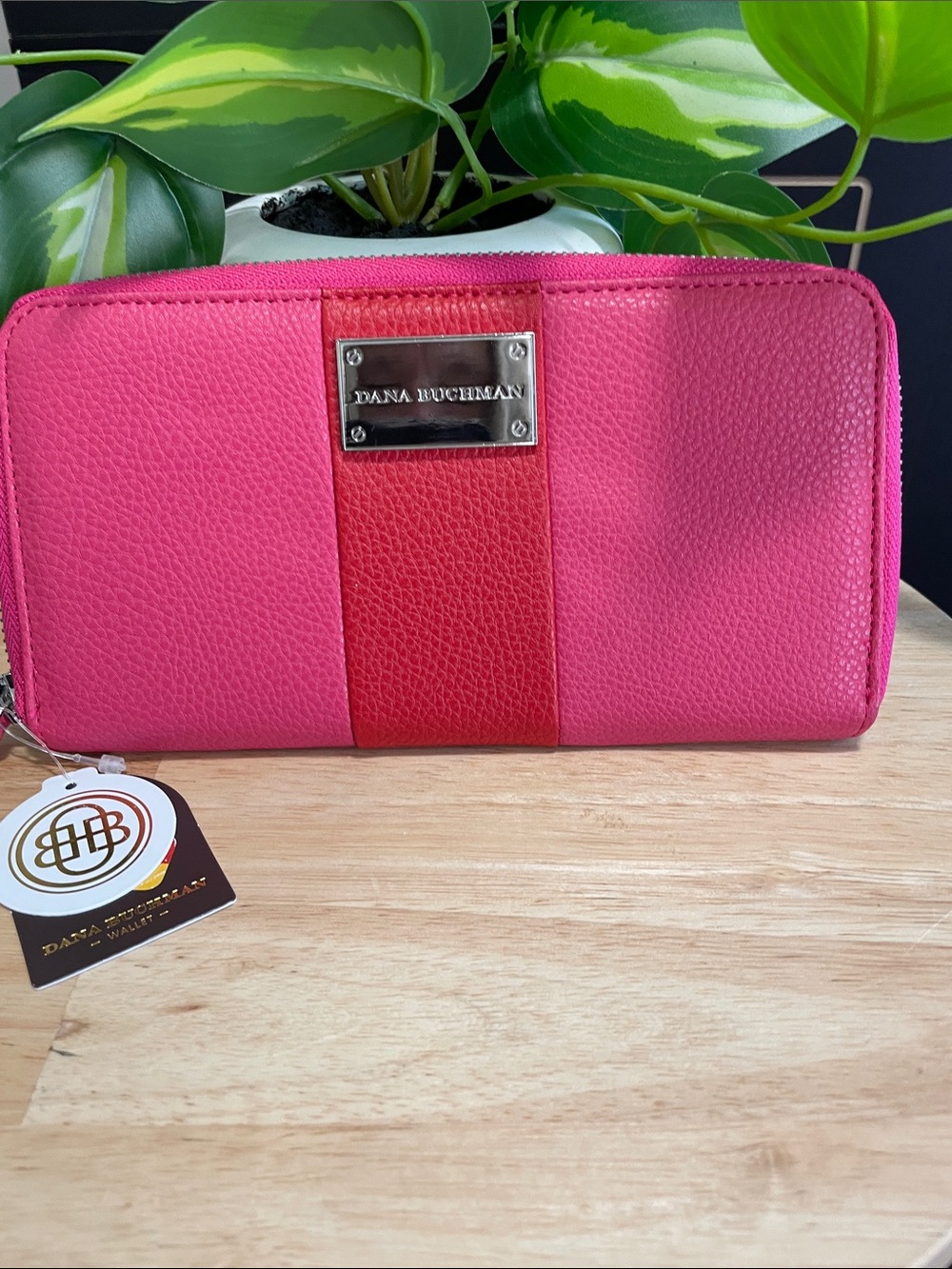Dana Buchman Pink and Red Zip-Around Leather Wallet